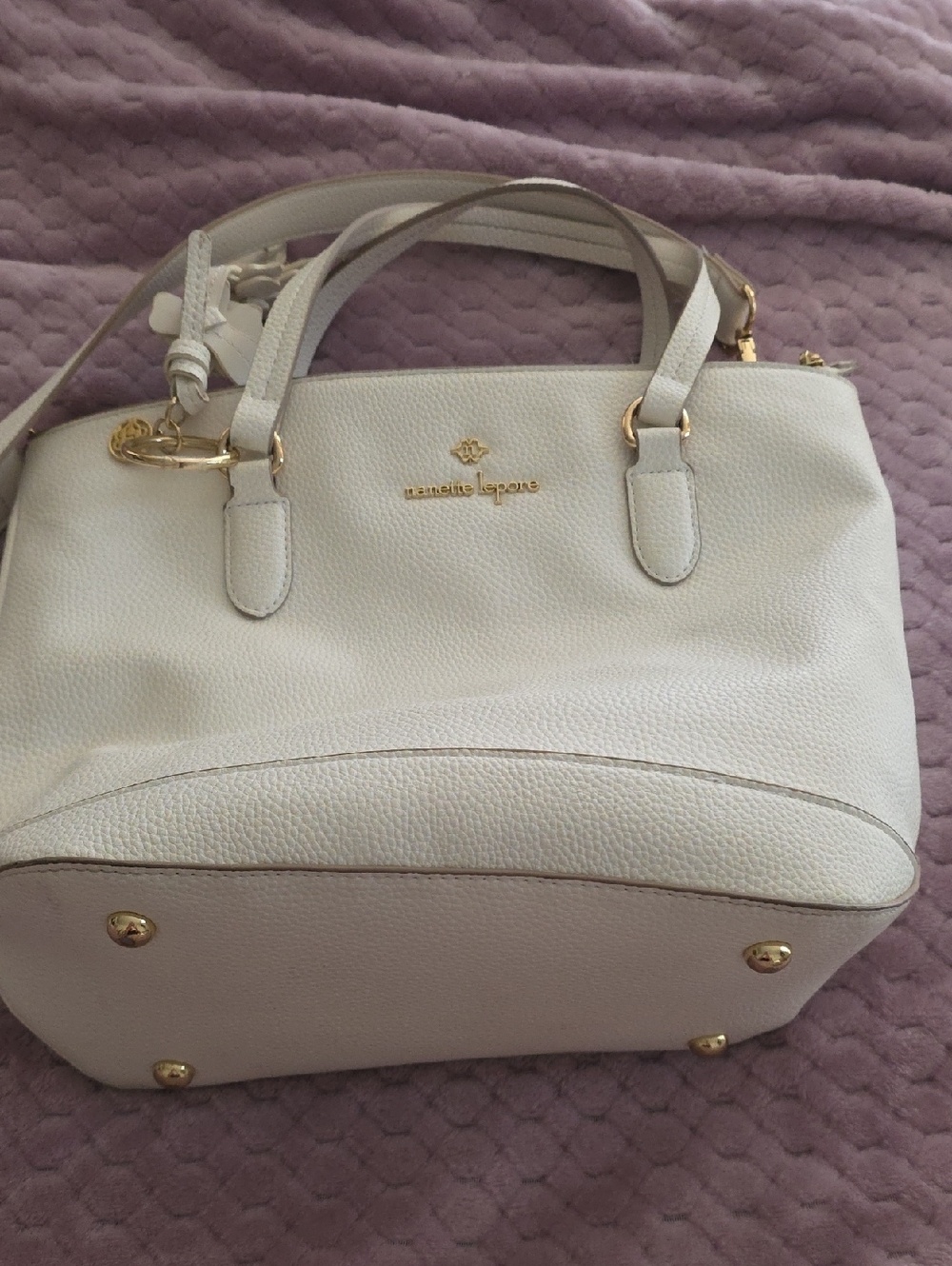 Nanette Lepore Cream Pebbled Leather Satchel with Gold Hardware